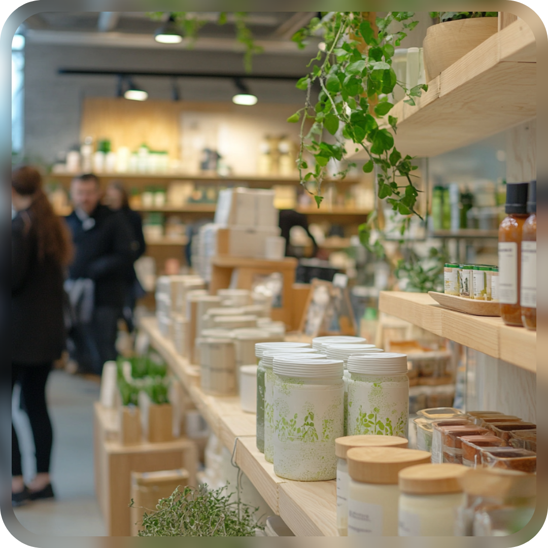 CountR In-store Analytics & Footfall analytics in a Natural Goods Store A natural goods store with wooden shelves, eco-friendly products, and greenery, demonstrating how CountR’s in-store analytics optimize visitor flow and improve customer experience by identifying high-traffic areas.
