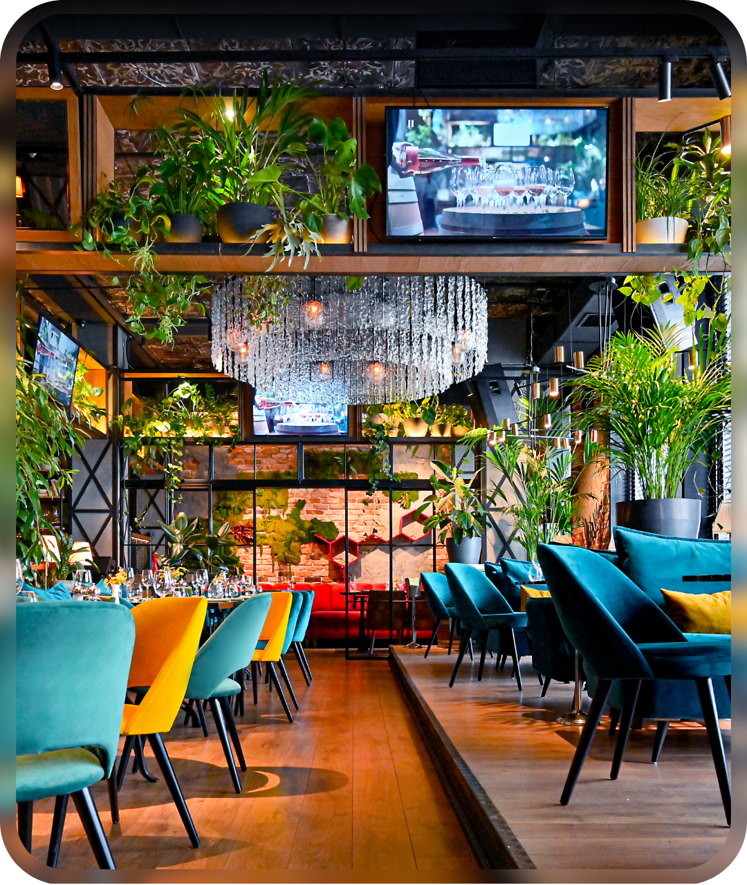 CountR In-Store Analytics & Footfall Analytics Enhancing Restaurant Efficiency A vibrant and modern restaurant with colorful seating and lush greenery, demonstrating how CountR’s footfall analytics can optimize table turnover, enhance visitor flow, and support effective staff management for a seamless dining experience.