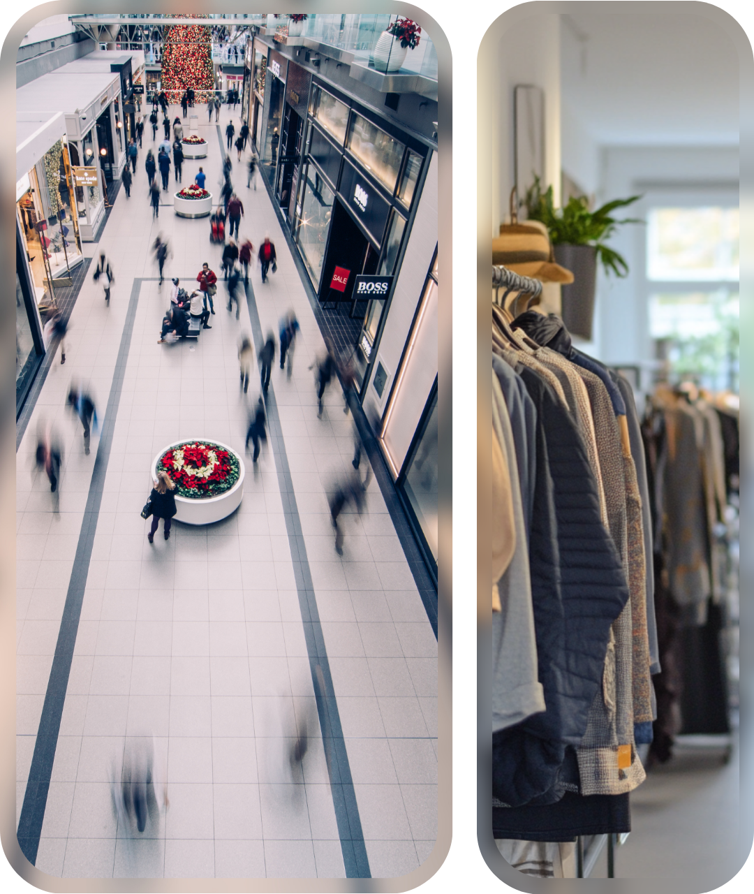 Seamless Visitor Flow and Retail Insights A busy shopping mall with blurred shoppers moving through a wide corridor, alongside an image of neatly arranged clothing in a retail store. The image highlights COUNTR’s visitor counting technology for managing foot traffic, optimizing store layouts, and enhancing the overall shopping experience.