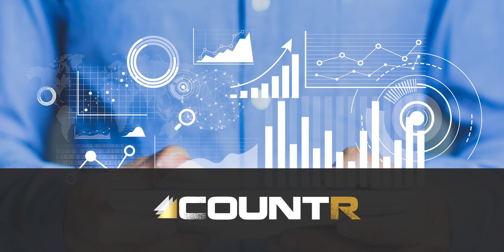 Businessperson analyzing digital visitor data with CountR logo overlayed