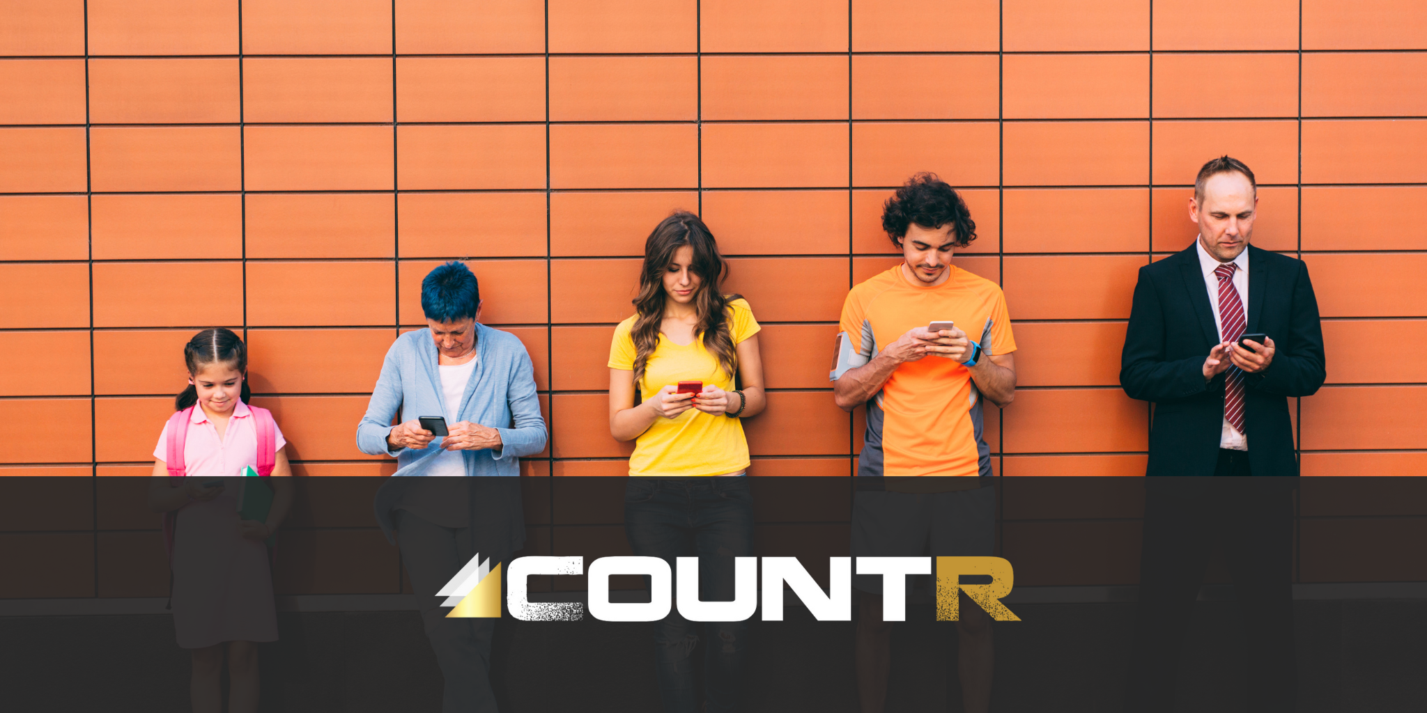 Group of people of different ages using smartphones, representing customer demographics with CountR retail analytics logo