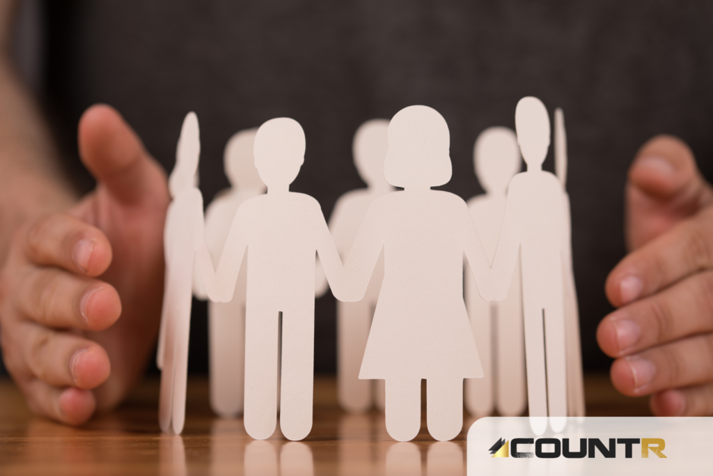 Paper cutout figures representing different customer groups, highlighted with the CountR logo